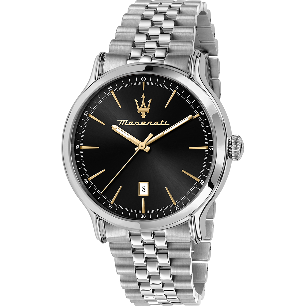 Maserati Orologio Uomo Epoca, Quarzo, Acciaio, Quadrante Nero, Data, Cinturino In Acciaio E Bracciale Oro Giallo, Special Pack - R8853118029